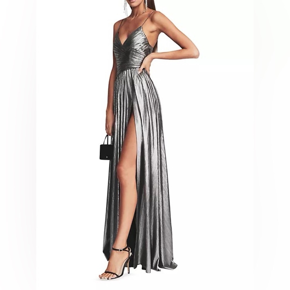Retrofete Silver Metallic Plunge Maxi Dress with High Slit